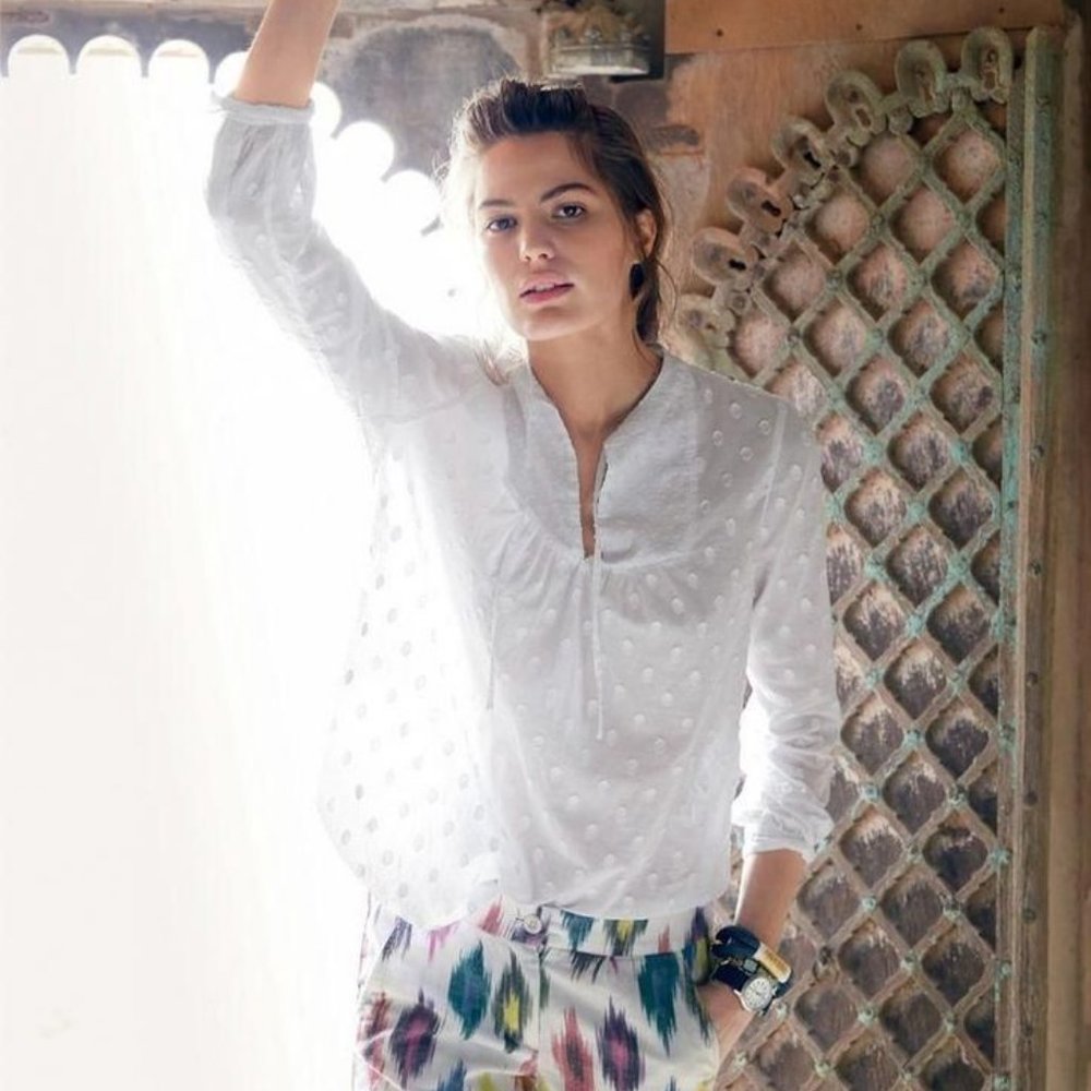 JCrew J. Crew #A5545  Tie Swiss Dot Peasant popover Blouse top white size 0 XS